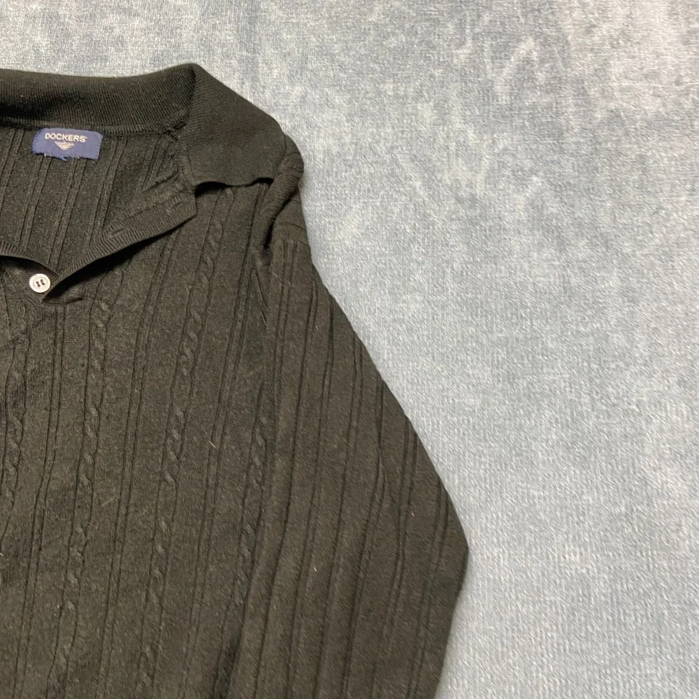 Dockers Polo Sweater Mens M Black Cable Knit Collared Button Front Outerwear